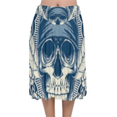 Skull Drawing Velvet Flared Midi Skirt