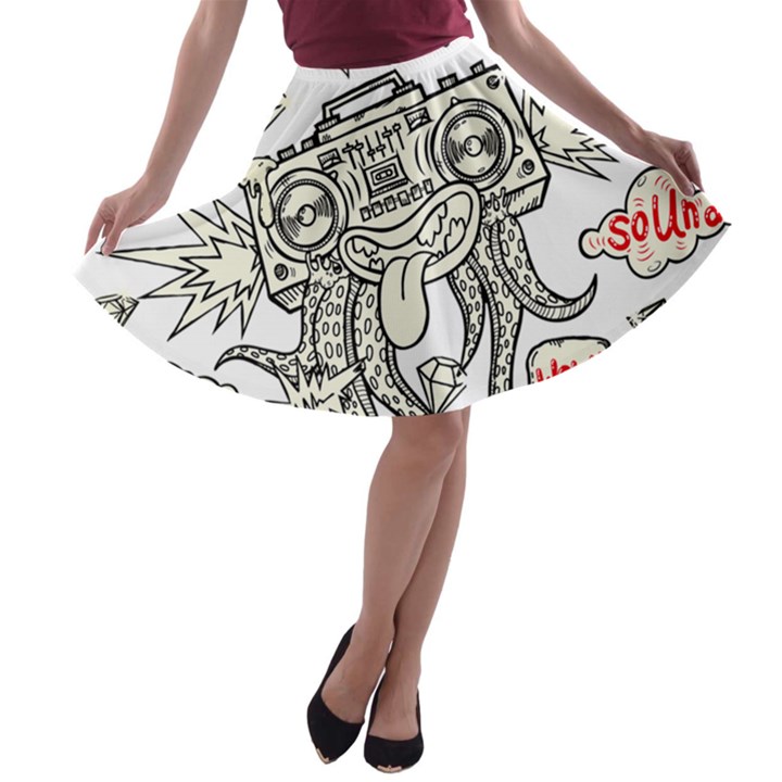 Drawing Clip Art Hand Painted Abstract Creative Space Squid Radio A-line Skater Skirt