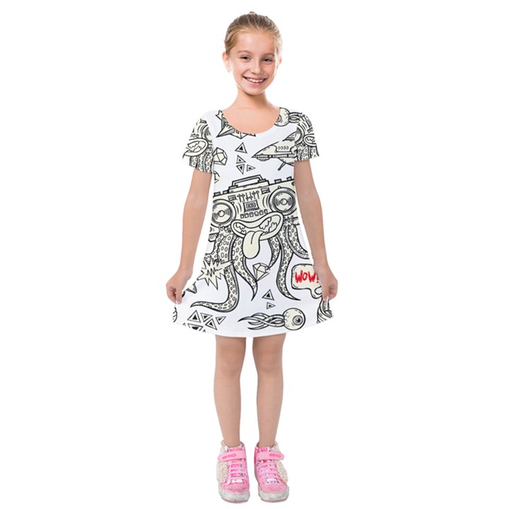 Drawing Clip Art Hand Painted Abstract Creative Space Squid Radio Kids  Short Sleeve Velvet Dress