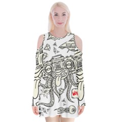 Drawing Clip Art Hand Painted Abstract Creative Space Squid Radio Velvet Long Sleeve Shoulder Cutout Dress