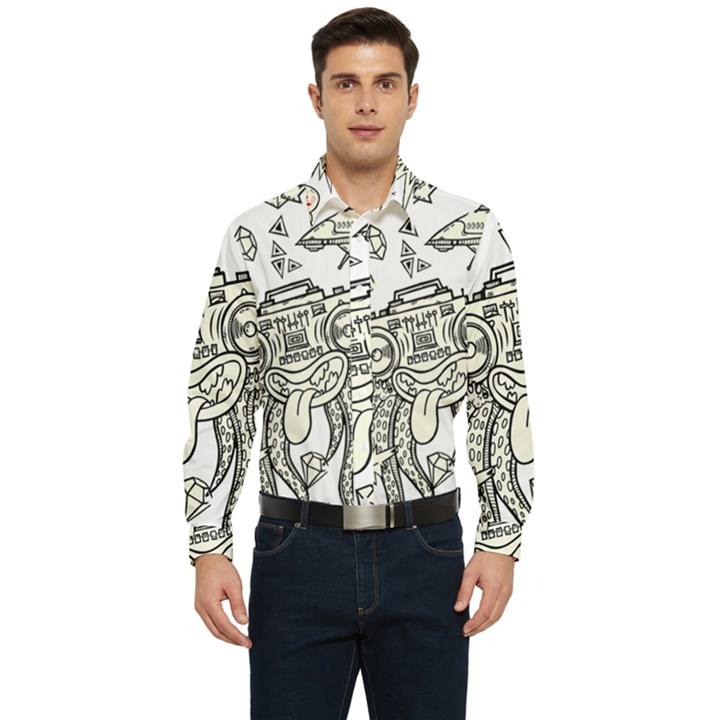 Drawing Clip Art Hand Painted Abstract Creative Space Squid Radio Men s Long Sleeve  Shirt