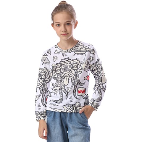 Drawing Clip Art Hand Painted Abstract Creative Space Squid Radio Kids  Long Sleeve Tee With Frill  by 99art