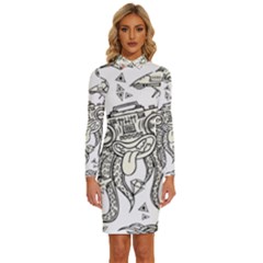 Drawing Clip Art Hand Painted Abstract Creative Space Squid Radio Long Sleeve Shirt Collar Bodycon Dress by 99art