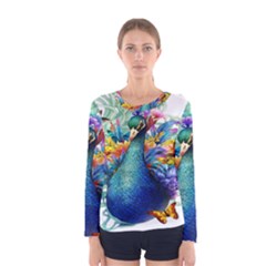 Bird-peafowl-painting-drawing-feather-birds Women s Long Sleeve Tee