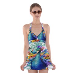 Bird-peafowl-painting-drawing-feather-birds Halter Dress Swimsuit  by 99art