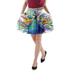 Bird-peafowl-painting-drawing-feather-birds A-line Pocket Skirt by 99art