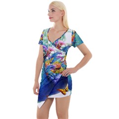 Bird-peafowl-painting-drawing-feather-birds Short Sleeve Asymmetric Mini Dress by 99art