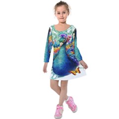 Bird-peafowl-painting-drawing-feather-birds Kids  Long Sleeve Velvet Dress