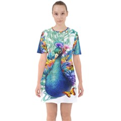 Bird-peafowl-painting-drawing-feather-birds Sixties Short Sleeve Mini Dress by 99art