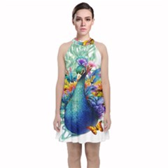 Bird-peafowl-painting-drawing-feather-birds Velvet Halter Neckline Dress 