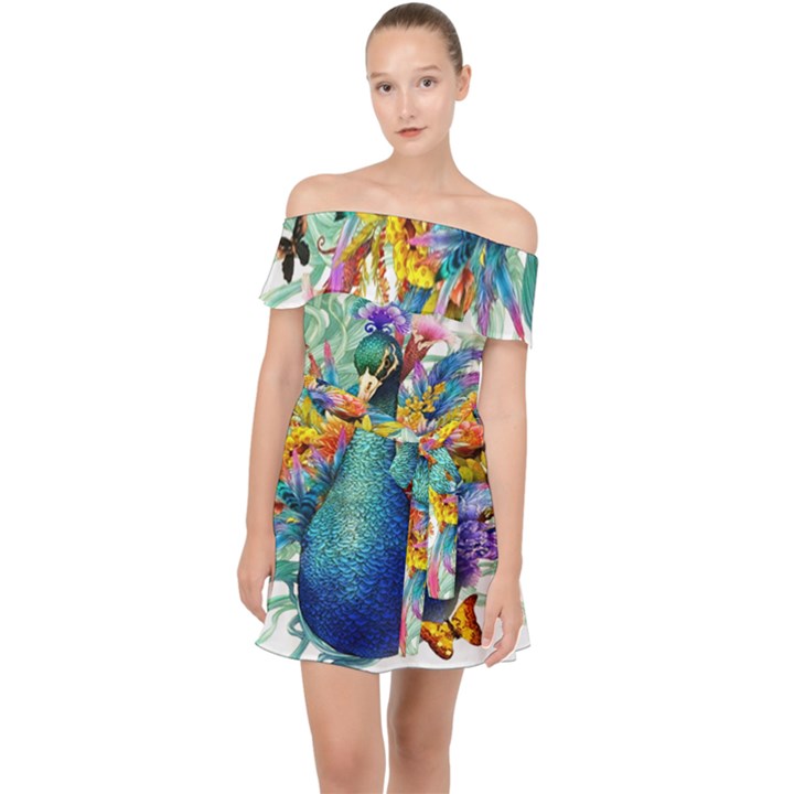 Bird-peafowl-painting-drawing-feather-birds Off Shoulder Chiffon Dress