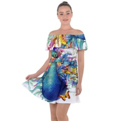 Bird-peafowl-painting-drawing-feather-birds Off Shoulder Velour Dress by 99art