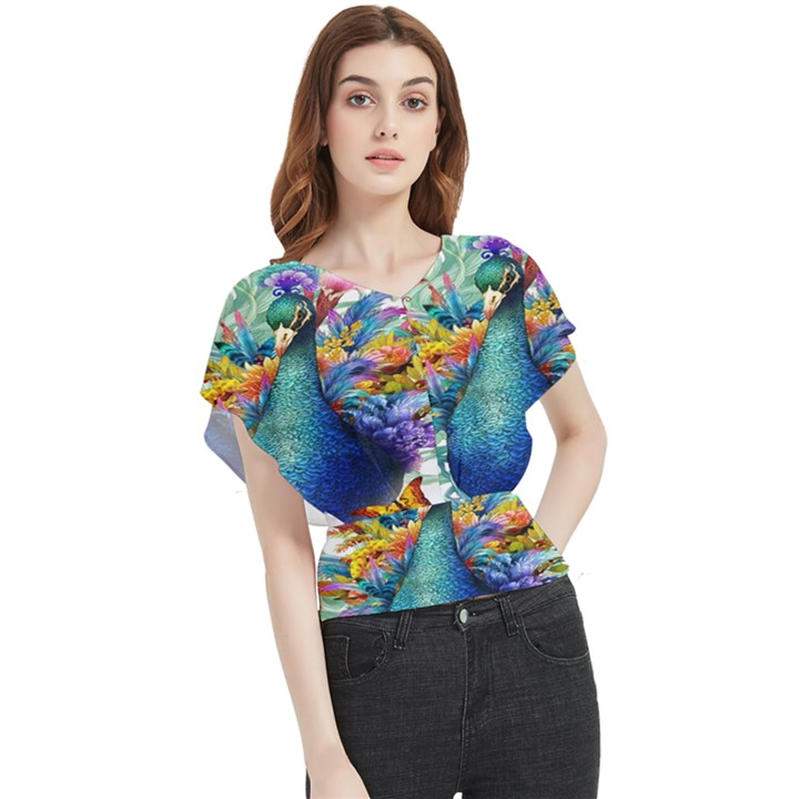 Bird-peafowl-painting-drawing-feather-birds Butterfly Chiffon Blouse