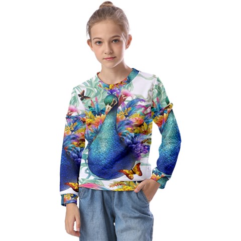 Bird-peafowl-painting-drawing-feather-birds Kids  Long Sleeve Tee With Frill  by 99art