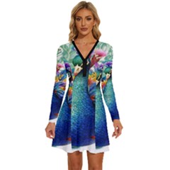 Bird-peafowl-painting-drawing-feather-birds Long Sleeve Deep V Mini Dress  by 99art