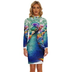 Bird-peafowl-painting-drawing-feather-birds Long Sleeve Shirt Collar Bodycon Dress by 99art