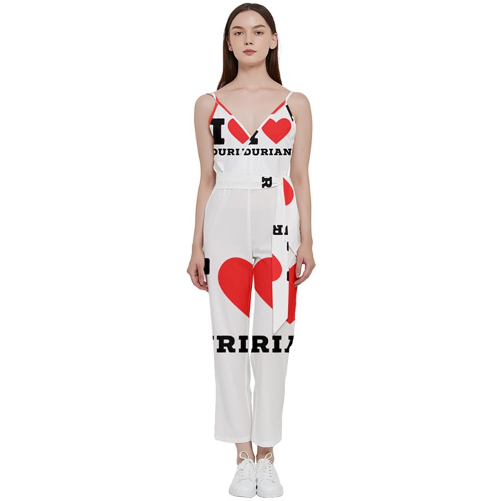 I love durian V-Neck Spaghetti Strap Tie Front Jumpsuit