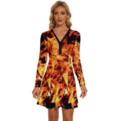 Live Coals Long Sleeve Deep V Mini Dress 