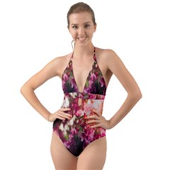 Pink Flower Halter Cut-Out One Piece Swimsuit