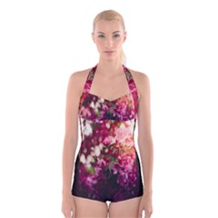 Pink Flower Boyleg Halter Swimsuit 