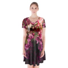 Pink Flower Short Sleeve V-neck Flare Dress by artworkshop