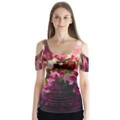 Pink Flower Butterfly Sleeve Cutout Tee 