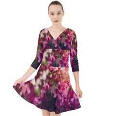 Pink Flower Quarter Sleeve Front Wrap Dress