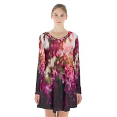 Pink Flower Long Sleeve Velvet V-neck Dress