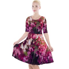 Pink Flower Quarter Sleeve A-line Dress