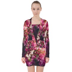 Pink Flower V-neck Bodycon Long Sleeve Dress by artworkshop