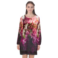 Pink Flower Long Sleeve Chiffon Shift Dress 