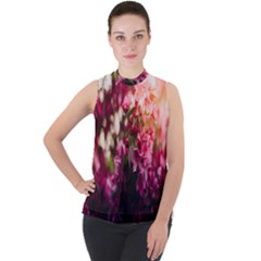 Pink Flower Mock Neck Chiffon Sleeveless Top