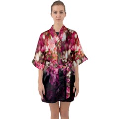 Pink Flower Half Sleeve Satin Kimono 