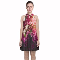 Pink Flower Velvet Halter Neckline Dress 