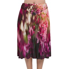 Pink Flower Velvet Flared Midi Skirt