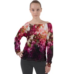 Pink Flower Off Shoulder Long Sleeve Velour Top