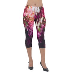 Pink Flower Lightweight Velour Capri Leggings 