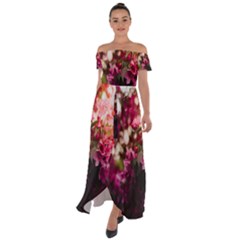 Pink Flower Off Shoulder Open Front Chiffon Dress