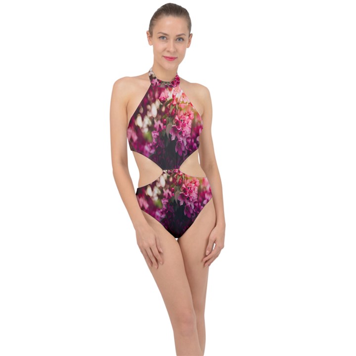 Pink Flower Halter Side Cut Swimsuit