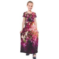 Pink Flower Kids  Short Sleeve Maxi Dress by artworkshop