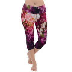 Pink Flower Lightweight Velour Capri Yoga Leggings