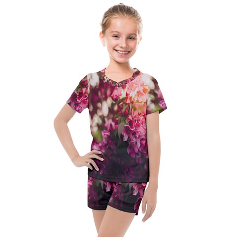 Pink Flower Kids  Mesh Tee And Shorts Set by artworkshop