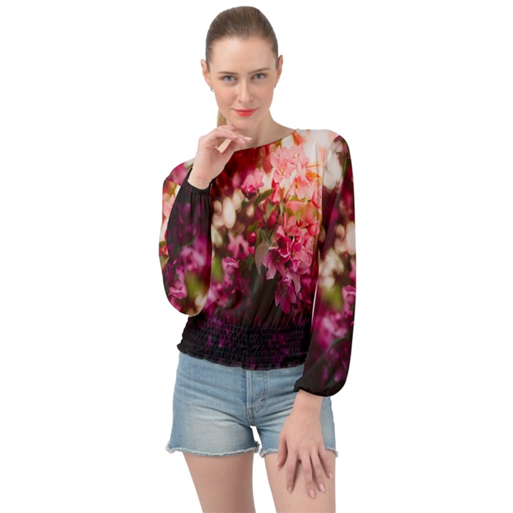 Pink Flower Banded Bottom Chiffon Top