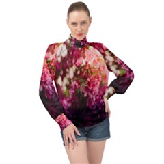 Pink Flower High Neck Long Sleeve Chiffon Top