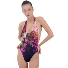 Pink Flower Backless Halter One Piece Swimsuit