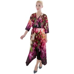 Pink Flower Quarter Sleeve Wrap Front Maxi Dress