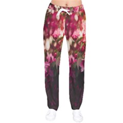 Pink Flower Women Velvet Drawstring Pants