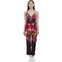 Pink Flower V-Neck Spaghetti Strap Tie Front Jumpsuit