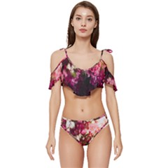 Pink Flower Ruffle Edge Tie Up Bikini Set	