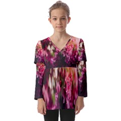 Pink Flower Kids  V Neck Casual Top